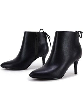 Women's Black Pu Pointed Toe Heels Ankle Booties Kitten Stiletto Bowtie Strappy